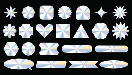 Set of holographic retro futuristic stickers. Vector illustration with iridescent foil adhesive film with symbols.