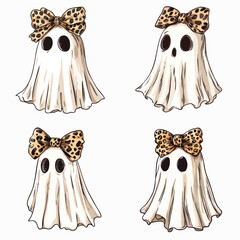 Cute Ghost with Leopard Print Bow - Halloween Clipart Vector Illustration Set