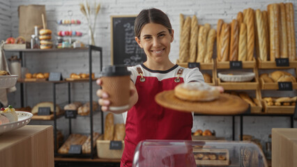 Young woman in a bakery wearing a red apron offers coffee and a pastry with a background of bread and baked goods.