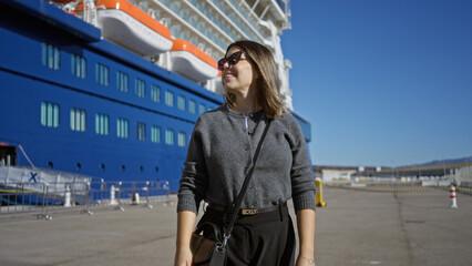 Woman enjoying sunny day at cruise port terminal with large ship in background showcasing travel...