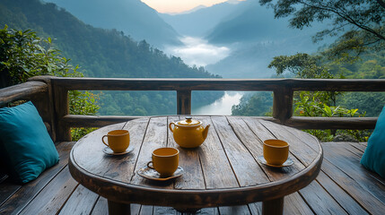A serene outdoor setting with a wooden table, yellow cups, and a teapot overlooking a misty valley and mountains