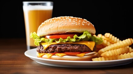 Juicy Cheeseburger with Crispy Fries and Beer