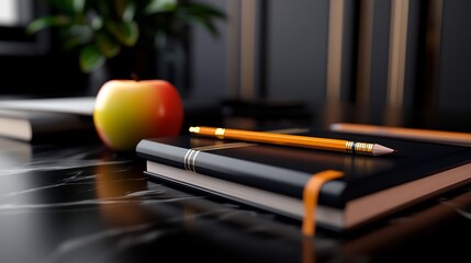 Elegant Still Life: Notebook, Pencil, and Apple on a Dark Desk