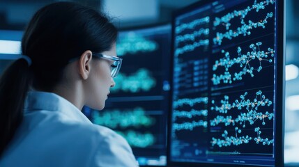 Scientist analyzing data on dual monitors in a lab environment.