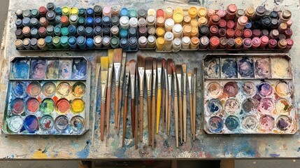 Artist's Palette of Vibrant Colors and Brushes Ready for Artistic Creation