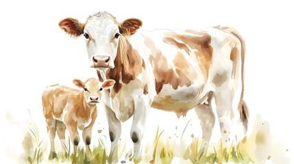 Watercolor painting of a cow standing next to her calf