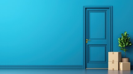 A vibrant blue wall features a stylish door next to stacked boxes and a green plant, creating a fresh and inviting atmosphere.