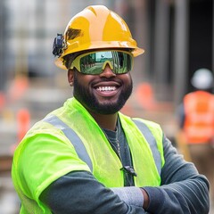 Smiling construction worker, hard hat, safety vest.
