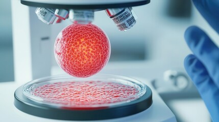 Microscope examining a glowing cell in a petri dish.