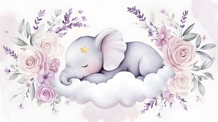 Watercolor illustration depicts a sleeping elephant nestled on a cloud