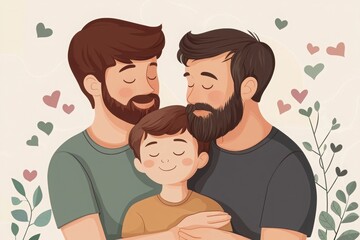 Obraz premium A loving family illustration featuring two fathers embracing their son, surrounded by hearts and greenery, symbolizing warmth and connection.