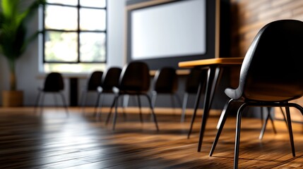 Modern Conference Room Interior Design: Minimalist Style with Black Chairs and Wooden Floor