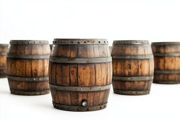 Obraz premium Selective focus old and classic wine barrels isolated on white background, Wooden barrel for alcohol fermentation, Wine barrels.