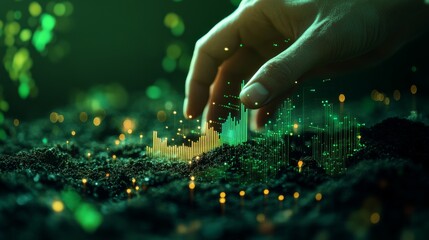 agricultural soil analysis visualization, rich dark earth texture, mineral composition indicators, bokeh green background, scientific photography, hands touching soil, educational infographic elements