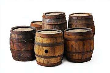 Fototapeta premium Selective focus old and classic wine barrels isolated on white background, Wooden barrel for alcohol fermentation, Wine barrels.
