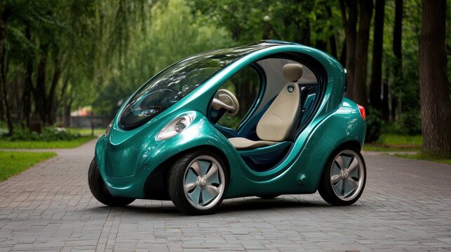 Teal electric microcar parked on paved path in park.
