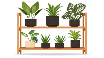 Stylish Plant Stand with Various Indoor Plants in Black Pots on Elegant Wooden Shelves for Modern Home Decor