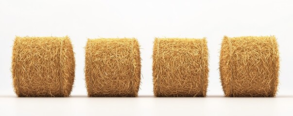 Three Hay Bales Stacked Neatly on a Simple White Background with Textured Straws and Natural Light Creating a Calm Atmosphere