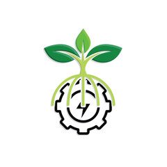 sustainable icon. green energy vector. tree and lightning symbols on the gear. reuse, recycling, net zero, green energy, eco friendly concept. Mixed design style