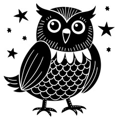 A cute, cartoon owl in the night white background vector art illustration