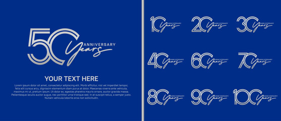 logo anniversary set. silver color with handwriting on blue background for special event
