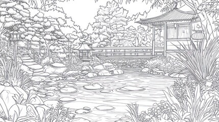 Serene Japanese garden stream, bridge, pavilion; landscape design
