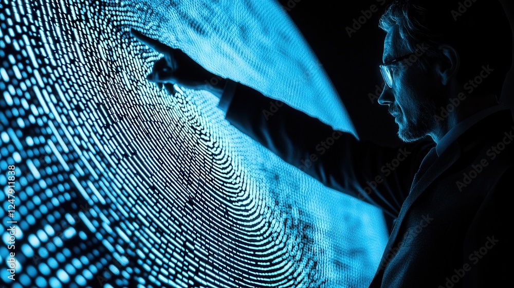 Poster business professional interacting with high-tech digital screen visualizing data in modern office en