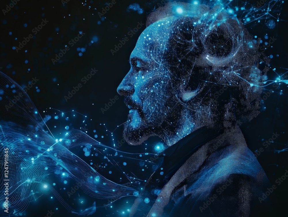 Poster man with abstract digital elements and futuristic glow effects