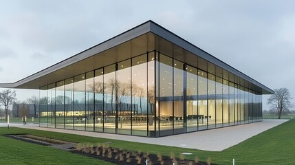 Fototapeta premium Glass Facades: Large glass panels used for building facades offer a modern architectural design, maximizing natural light and creating a bright, airy atmosphere. 