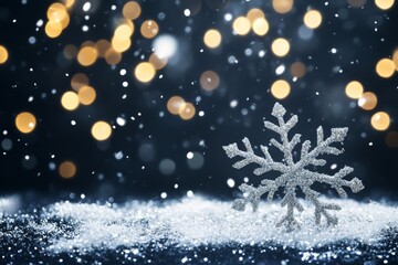 Fototapeta premium Abstract black background with bokeh lights and falling snowflakes, glittering white particles on a dark backdrop.