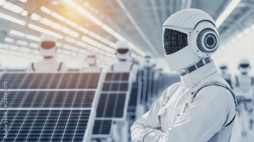 Aufkleber futuristic robot with solar panels in a high-tech factory setting emphasizing renewable energy innov
