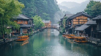 Fototapeta premium Misty Morning in a Picturesque Chinese Water Town