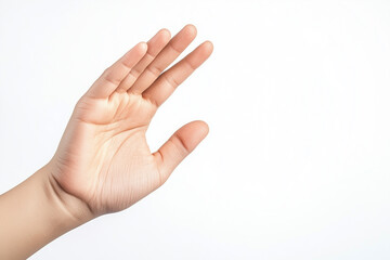 Selective focus bare hand isolated on white background, Hand gesture model for commercial advertisement, Goodbye hand gesture, Stop hand sign.