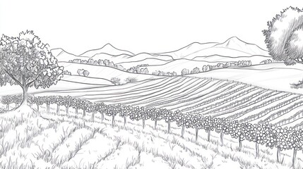 Fototapeta premium Rolling hills vineyard landscape sketch, idyllic rural scene
