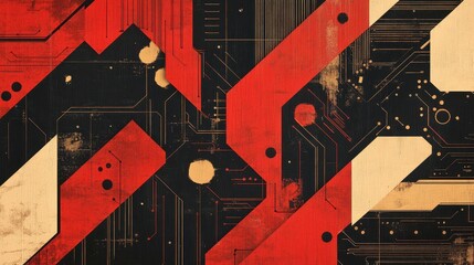 Abstract red, black, beige geometric design, circuit board-like pattern. Ideal for tech, modern, industrial designs, backgrounds & website banners.