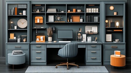 Modern Home Office Design with Built in Shelving and Desk