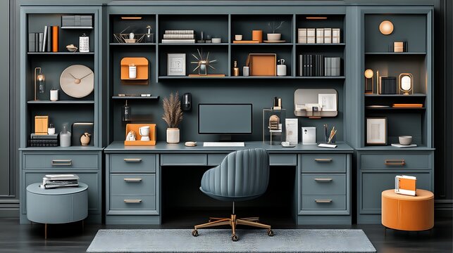 Modern Home Office Design with Built in Shelving and Desk