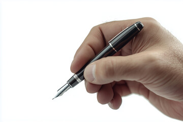 Selective focus man hand with pen to sign isolated on white background.