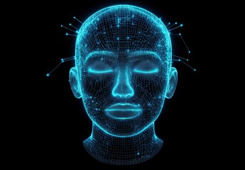 Futuristic Digital Human Head with Wireframe and Data Points