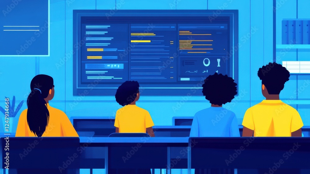 Aufkleber group of diverse children engaged in learning with digital interface in modern classroom setting