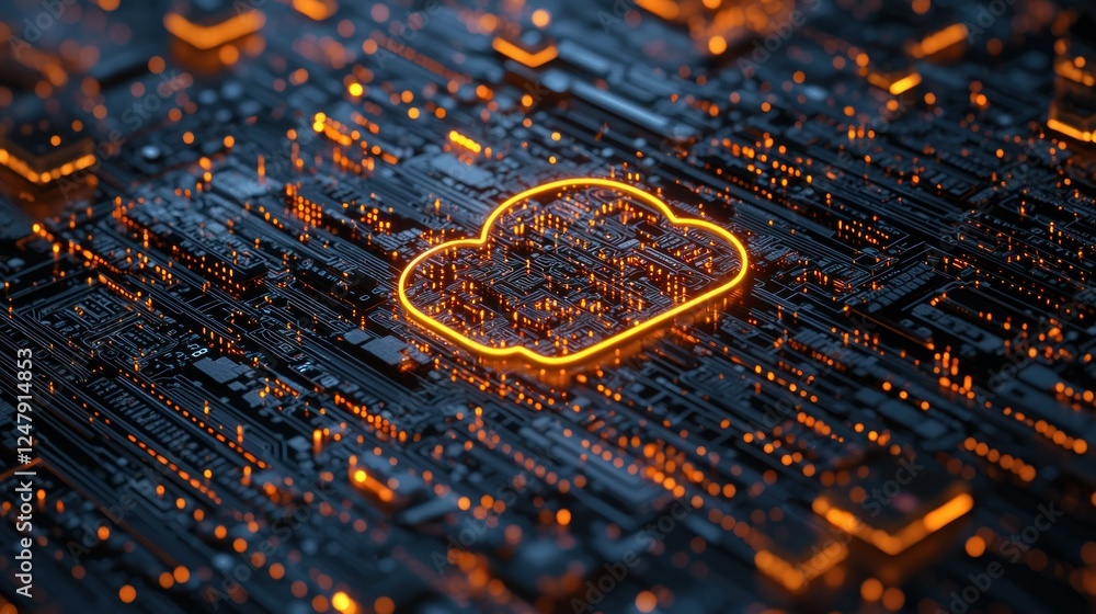 Poster glowing cloud computing symbol on circuit board