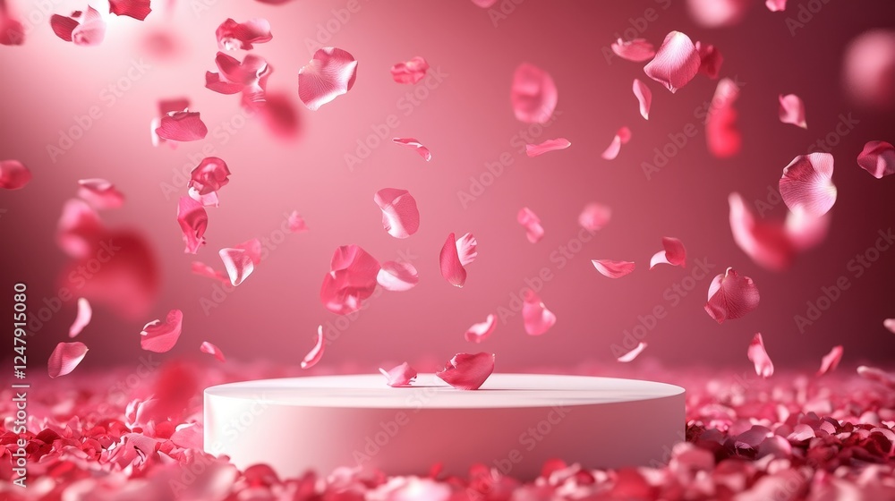 Poster pink petals floating above circular platform with subtle background