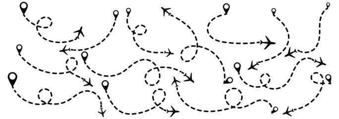 Airplane line path vector design, Air plane flight route with line trace. Dashed route travel concept. Airplane dashed route path. vector illustration eps 888. Airplane dashed route icon set.