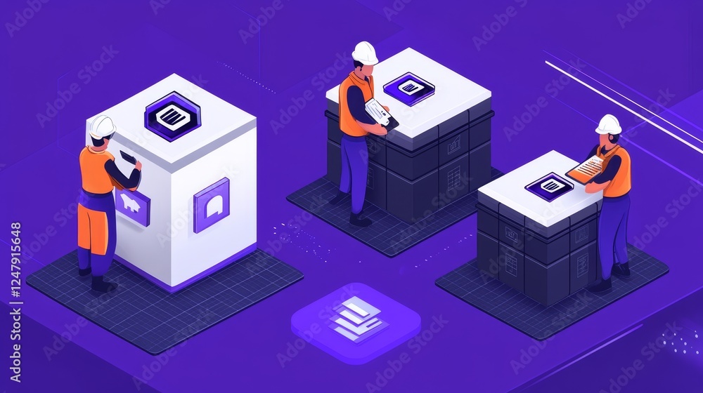Poster isometric illustration of data center technicians working on server cubes futuristic technology conc