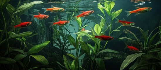 Vibrant Ember Tetras Swimming Gracefully in a Lush Aquatic Environment