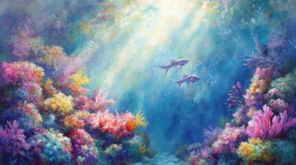 Obraz premium Vibrant Underwater Coral Reef Ecosystem with Sunlight and Fishes Painting