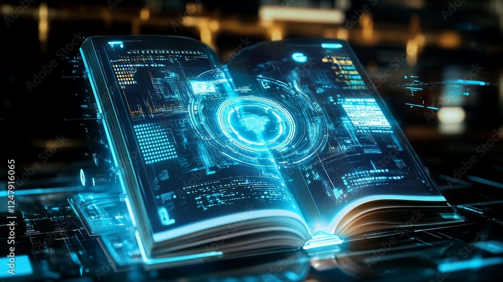 Aufkleber an open book displaying a holographic interface with futuristic digital information and glowing blue