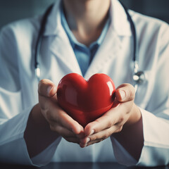  doctor holding a red heart in his hands. hands hold a red heart
