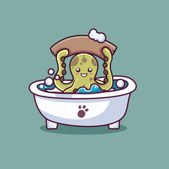 Cute Cartoon Octopus in Bathtub with Bubbles