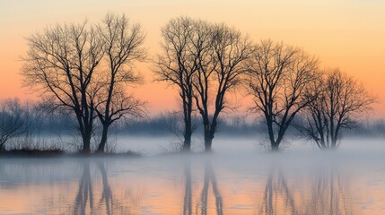 Misty Sunrise over Serene Lake with Silhouetted Trees